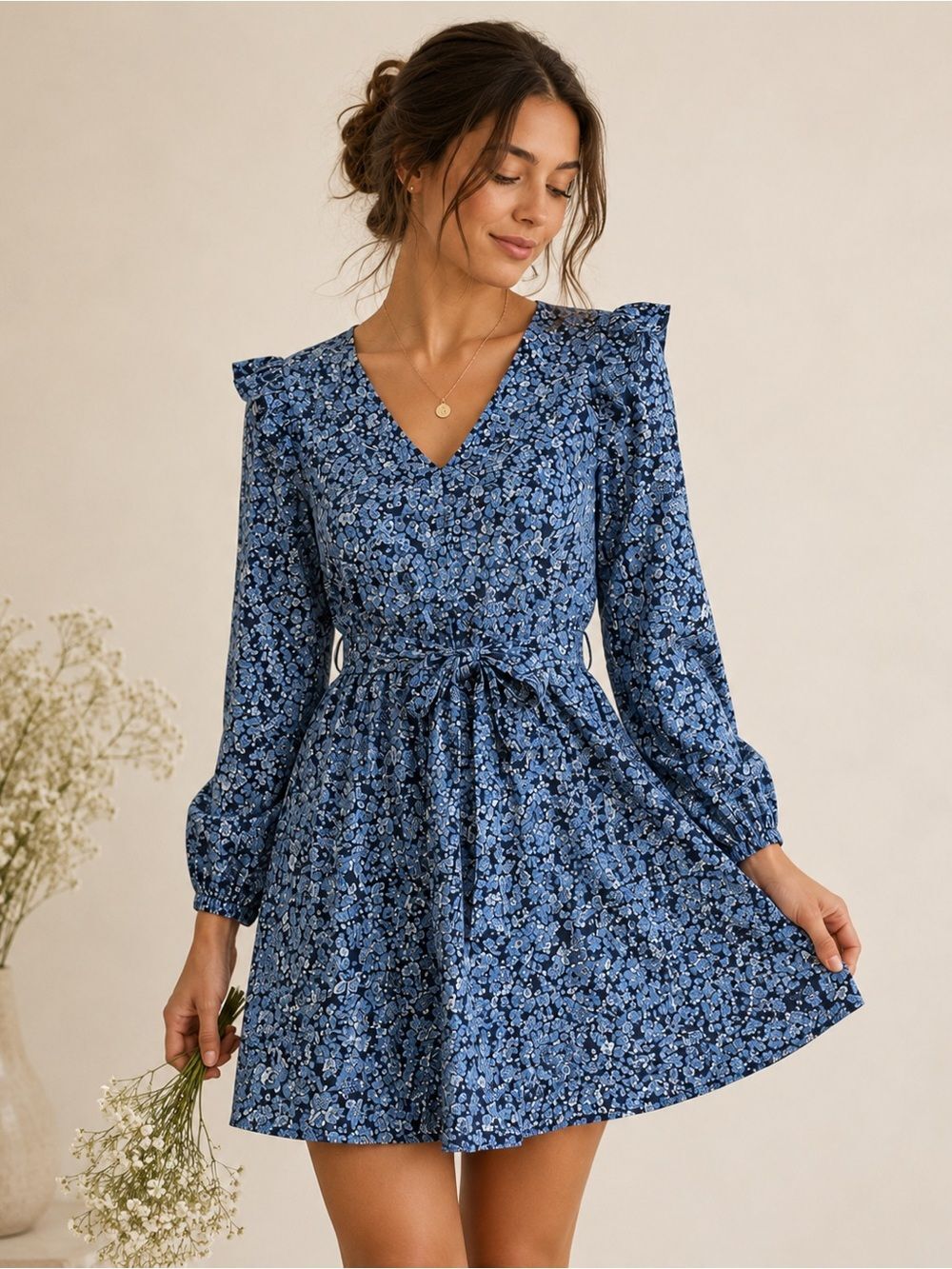 J.Crew Ditsy Floral Long Sleeve Mini Dress Blue Cottagecore Size Small Coquette